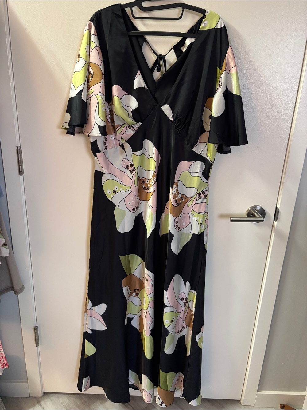 Formal Batwing black floral satin maxi dress